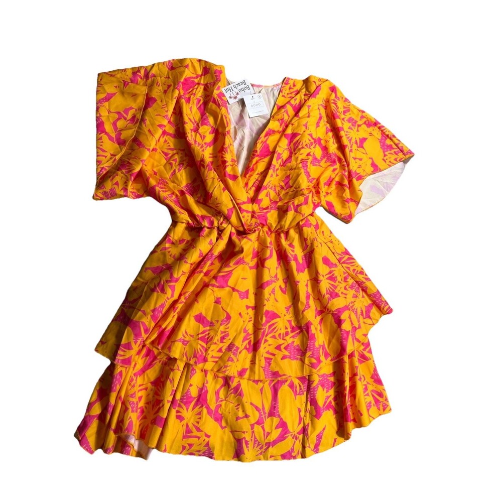 Boho Beach Hut Dress Womens Small NWT Yellow Pink Tropical Ruffle Wrap Beach
